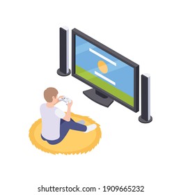 People staying at home hobby composition with teenage boy sitting in front of home cinema screen with joystick vector illustration