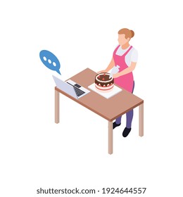 Composición del hobby de la gente en el hogar con plato de cocina de la mujer con ilustración vectorial de tutor portátil