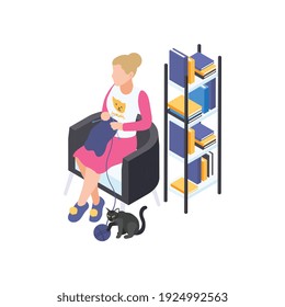 People staying at home hobby composition with woman knitting hand made clothes tutor vector illustration