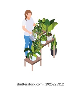People staying at home hobby composition with woman taking care of home plants vector illustration