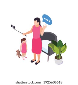 Personas que se quedan en la composición del hobby en casa con niñas y mujeres que se pegan un tiro en la ilustración del vector del smartphone