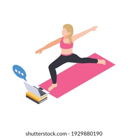 People staying at home hobby composition with woman doing fitness exercises with laptop tutor vector illustration