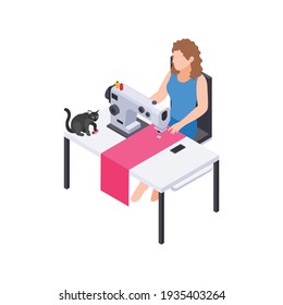 People staying at home hobby composition with cat and woman working with sewing machine vector illustration