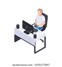Menschen, die zu Hause Hobby-Komposition halten, mit Mann, der am Arbeitstisch sitzt, mit Desktop-Computer, Vektorgrafik