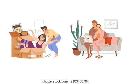 People staying at home set. Couples relaxing and communicating with family during quarantine using laptop computer vector illustration