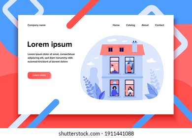 People staying at home under quarantine. Neighbors talking to each other through open windows. Vector illustration for communication, lockdown, neighborhood concept