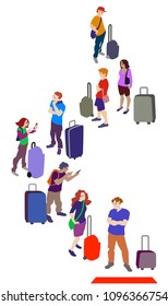 People staying in queue. Passenger at the airport terminal. Vector illustration, clip art, cartoon. 