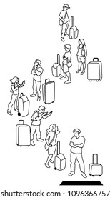 People staying in queue. Passenger at the Airport terminal. Vector illustration, clip art, cartoon in outline.