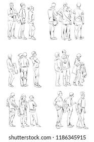 People Staying In Queue. Silhouettes Of People, Sketch