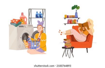 People staying or spending weekend at home set. Young woman doing laundry and reading book vector illustration