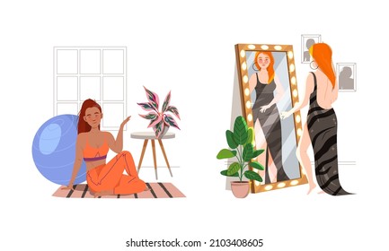 People staying or spending weekend at home set. Girls doing fitness exercise and putting on elegant dress vector illustration
