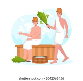 People steaming in sauna concept. Men with tree branches sitting on wooden bench in bath. Heat therapy, relaxation and rest. Cartoon modern flat vector illustration isolated on white background