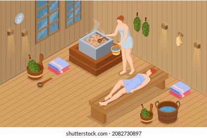 People steaming in sauna concept. Women wearing bath towel sitting on wooden bench in bath. Heat therapy, relaxation and rest. Girls relax and steam in traditional finnish sauna with hot stone oven