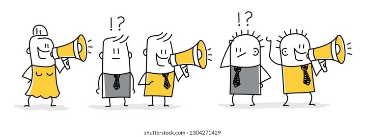 People, stick figure, listen and discuss rumors. Doodle style. Vector illustration.