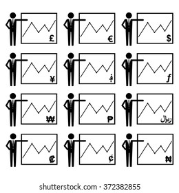 People Stick Figure World Currencies Growth Diagram Icon Symbol Sign Pictogram Set