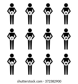 People Stick Figure World Currencies Holding Coin Icon Symbol Sign Pictogram Set