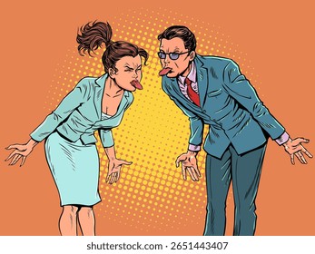 People stick out their tongues at each other. Problems at work and in a team. Conflict in business. Pop Art Retro Vector Illustration Kitsch Vintage 50s 60s Style