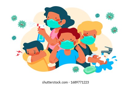 People stick together to fight against COVID-19, wearing masks, using alcohol spray, washing hands and coughing into elbow, flat style illustration