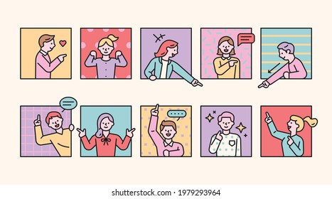People are sticking out from the window and pointing their fingers at others. flat design style minimal vector illustration.