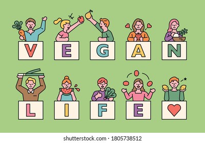 People are sticking their faces over the cards that say Vegan Life. flat design style minimal vector illustration.