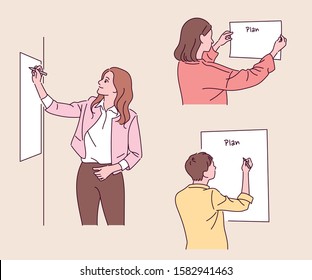 People are sticking white paper to the wall and writing something. hand drawn style vector design illustrations. 