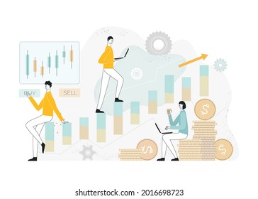 People stock traders at laptop with graph chart buy and sell shares, stock market analysis, investors earn money. Concept vector illustration