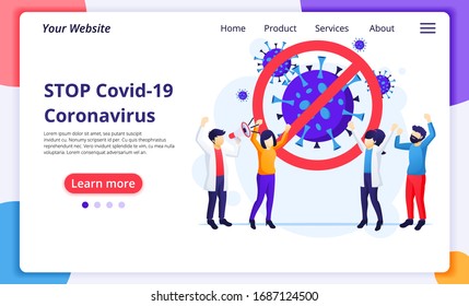 Menschen stoppen Covid-19 Corona-Virus, heilen Viren-Konzept. Moderne flache Web-Landing-Page Design-Vorlage. Vektorillustration