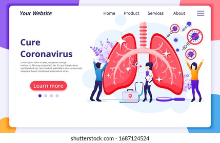 People stop and cure Covid-19 Corona virus from human lungs concept. Modern flat web landing page design template. Vector illustration