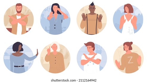 People with stop gesture in round avatar set vector illustration. Cartoon adult man and woman showing different denial poses with negative emotions, cross arms. Boycott, objection, reject concept