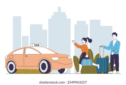 People stop taxi. Man and woman with suitcases near car. Travel, trip and tourism. Urban infrastructure. Passengers and tourists. Linear vector illustration isolated on white background