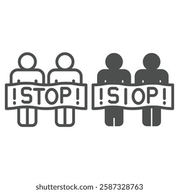 People with stop text poster line and solid icon, stop war concept. Vector graphics. Humans with protest paper banner sign on white background, outline style icon for mobile or web design