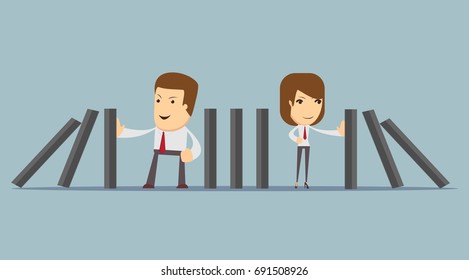 people stopping the domino effect with falling dominoes. Stock vector illustration for poster, greeting card, website, ad, business presentation, advertisement design.