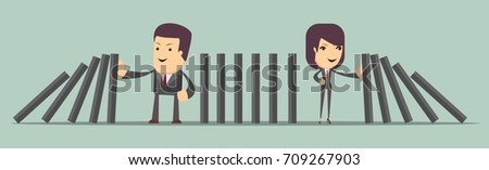 people stopping the domino effect with falling dominoes. Stock vector illustration for poster, greeting card, website, ad, business presentation, advertisement design.