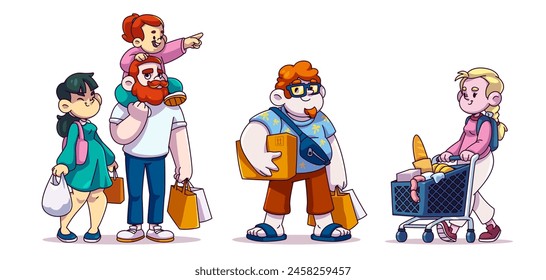 People store buyers with shopping bags and wheel cart. Cartoon vector illustration set of man, woman and family mall shoppers characters with paper packages and boxes, basket with groceries.