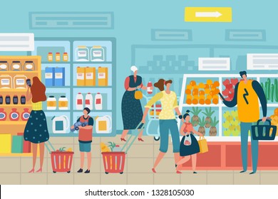 People in store. Customer choose food supermarket family cart shopping product assortment grocery store interior retail vector concept