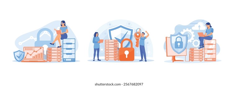 People store data in databases. Protect personal data from fraud. Protect data from hackers. Database concept. Set flat vector illustration.