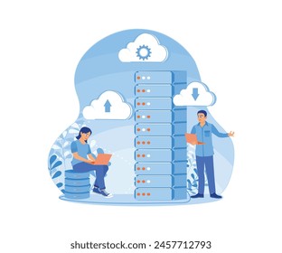 People store data online. Storing data on a laptop connected to the server. Could Computing concept. Flat vector illustration.