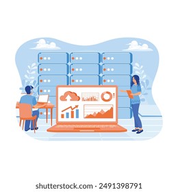 Las Personas almacenan archivos en centros de datos conectados a la nube. Servicios de computación en la nube para almacenar datos empresariales. Concepto de centro de datos. Ilustración vectorial plana.