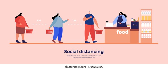 People in the store keep a distance in line to the checkout vector illustration. Social distance and prevention of infection during the epidemic. Space control for safety against viral infections.