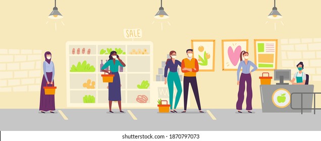 People in store line keeping social distance. Men and women wearing medical face mask buying food in supermarket. Safe distance. People with shopping baskets in queue, protected from virus vector