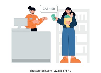 People in the store. Market finance operation with cash. Buying and selling food and goods. Flat vector minimalist illustrations