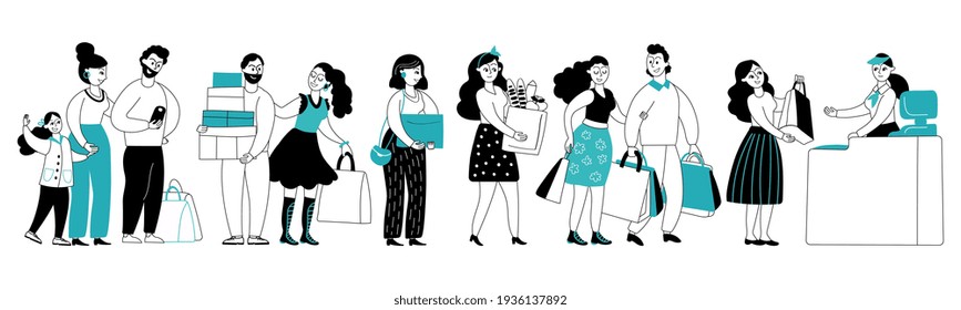 People store queue. Customer shopping, market grocery cashier. Man shops in supermarket, food service worker and crowd decent vector concept