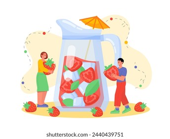 People with strawberry drink. Man and woman with berries near glass jug with ice. Healthy cocktails and beverage. Cold smoothie for summer season. Cartoon flat vector illustration
