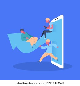 people streaming mobile internet webcast arrow information traffic smartphone blue background flat vector illustration