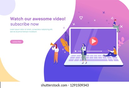 personas que transmiten video en línea con su portátil, el concepto de ilustración vector de smartphone, tutorial en línea, video streaming puede utilizarse para, página de inicio, plantilla, ui, web, aplicación móvil, afiche, banner, volante