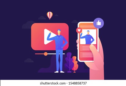 people streaming online video with their laptop, smartphone vector illustration concept, online tutorial video streaming can use for, landing page.