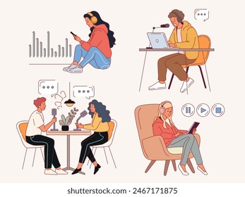 People streaming. Podcast participants with microphones and headphones, listeners, presenters and guests, interviews broadcast, men and women bloggers. Cartoon flat isolated vector set