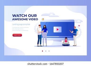 People streaming and watching online video with their laptop, smartphone vector illustration concept, online tutorial video streaming can use for landing page, mobile app, poster, banner