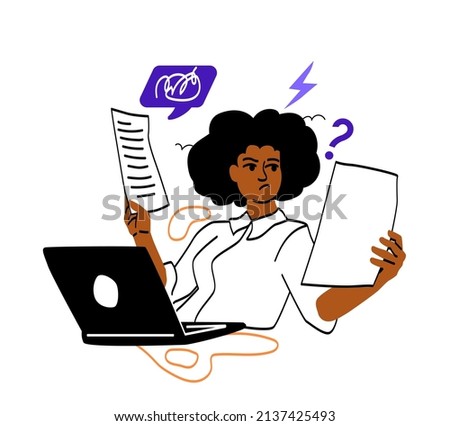 People in streess and fatigue. Freelancer tired of work, emotional burnout. Dissatisfied girl looks at sheets. Many orders or difficult project, internal problems. Cartoon flat vector illustration