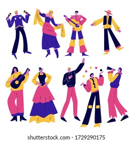 People street atrists and musicians in bright costumes during performance vector illustration